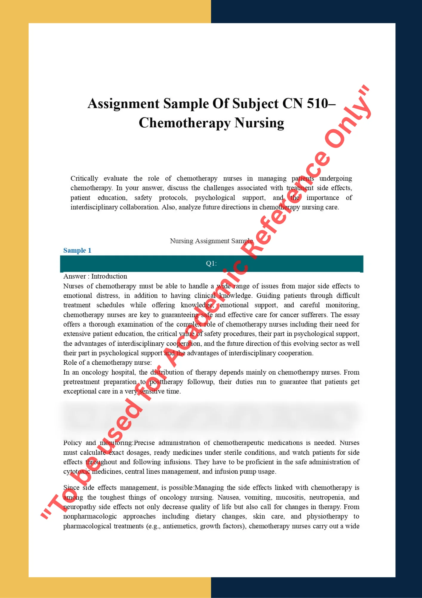 Assignment Sample Of Subject CN 510– Chemotherapy Nursing 0